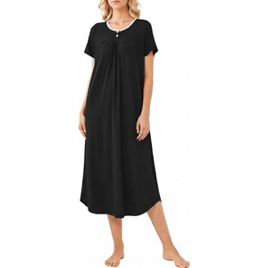 image:imageEkouaer Long Nightgown for Women Short Sleeve Henley Sleepshirt with Pocket  Floral House Dress for Women Button Nightgowns Pleated Full Length Sleep Dress Pluse Size Sleep Dress with Lace S3XLBlack