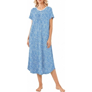 image:imageEkouaer Long Nightgown for Women Short Sleeve Henley Sleepshirt with Pocket  Floral House Dress for Women Button Nightgowns Pleated Full Length Sleep Dress Pluse Size Sleep Dress with Lace S3XLBlue Flower