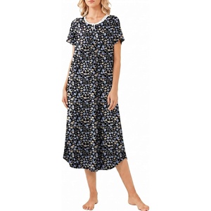 image:imageEkouaer Long Nightgown for Women Short Sleeve Henley Sleepshirt with Pocket  Floral House Dress for Women Button Nightgowns Pleated Full Length Sleep Dress Pluse Size Sleep Dress with Lace S3XLBlack Blue Flower
