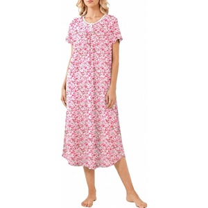 image:imageEkouaer Long Nightgown for Women Short Sleeve Henley Sleepshirt with Pocket  Floral House Dress for Women Button Nightgowns Pleated Full Length Sleep Dress Pluse Size Sleep Dress with Lace S3XLPink Flower