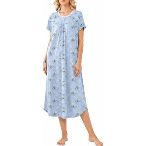 image:imageEkouaer Long Nightgown for Women Short Sleeve Henley Sleepshirt with Pocket  Floral House Dress for Women Button Nightgowns Pleated Full Length Sleep Dress Pluse Size Sleep Dress with Lace S3XLLight Blue Floral