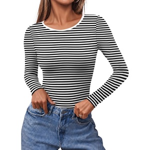 image:imageEkouaer Long Sleeve Shirts for Women Scoop Neck Tight Slim Basic Fitted TopStripe Print