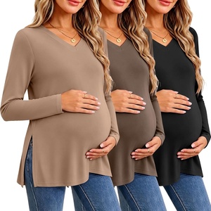 image:imageEkouaer Womens 3 Pack Maternity Shirts Long Sleeve V Neck with Split Side Pregnancy Tops Casual Basic Clothes S2XLBlackBrownKhaki