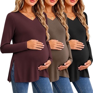 image:imageEkouaer Womens 3 Pack Maternity Shirts Long Sleeve V Neck with Split Side Pregnancy Tops Casual Basic Clothes S2XLBlackDark RedKhaki