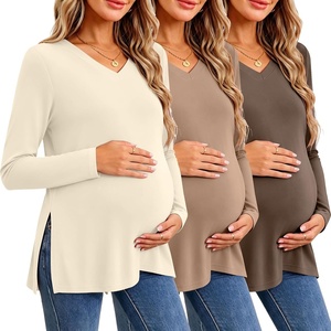 image:imageEkouaer Womens 3 Pack Maternity Shirts Long Sleeve V Neck with Split Side Pregnancy Tops Casual Basic Clothes S2XLBlackKhakiBeige