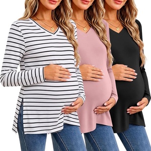 image:imageEkouaer Womens 3 Pack Maternity Shirts Long Sleeve V Neck with Split Side Pregnancy Tops Casual Basic Clothes S2XLBlackStripeDusty Pink