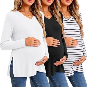 image:imageEkouaer Womens 3 Pack Maternity Shirts Long Sleeve V Neck with Split Side Pregnancy Tops Casual Basic Clothes S2XLBlackStripeWhite