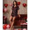 image:imageEkouaer Womens Silk Satin Pajama Set Print Short Sleeve Sleepwear Button Down Pjs Shorts Set LoungewearRed Heart