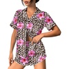 image:imageEkouaer Womens Silk Satin Pajama Set Print Short Sleeve Sleepwear Button Down Pjs Shorts Set LoungewearLeopard Flower
