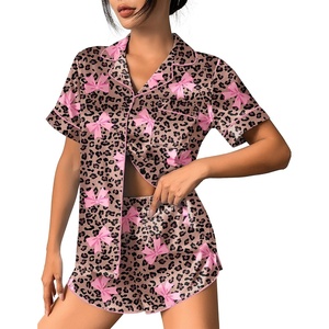 image:imageEkouaer Womens Silk Satin Pajama Set Print Short Sleeve Sleepwear Button Down Pjs Shorts Set LoungewearLeopard Bow