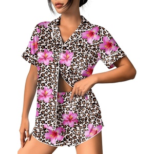 image:imageEkouaer Womens Silk Satin Pajama Set Print Short Sleeve Sleepwear Button Down Pjs Shorts Set LoungewearLeopard Flower