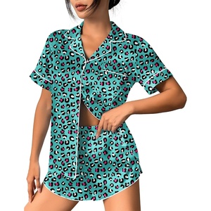 image:imageEkouaer Womens Silk Satin Pajama Set Print Short Sleeve Sleepwear Button Down Pjs Shorts Set LoungewearLeopard Green