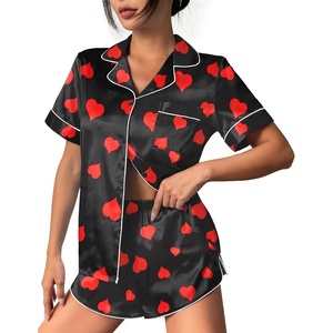 image:imageEkouaer Womens Silk Satin Pajama Set Print Short Sleeve Sleepwear Button Down Pjs Shorts Set LoungewearRed Heart