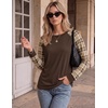 image:imageEkoauer Womens Long Sleeve Shirts Raglan Sleeve Thermal Tops Fall Clothes  Casual Color Block Shirt Crew Neck Basic TShirts Work Dressy Tunic Blouse Going Out Tops Fall Teacher Fashion OutfitsBrown Plaid