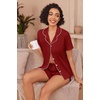 image:imageEkouaer Pajamas for Women Set Button Up Short Sleeve Pjs Lounge Set  Soft Womens LoungewearSide Slit Pj ShortsNotch CollarV Neck2 Piece Sleepwear for SleepLoungeWeddingBridalWine Red