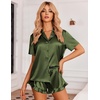 image:imageEkouaer Womens Satin Pajamas Set Button Down 2 Piece Silk Pjs Shorts Set Ruffle Lingerie Notch Collar SleepwearArmy Green