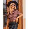 image:imageEkouaer Womens Satin Pajamas Set Button Down 2 Piece Silk Pjs Shorts Set Ruffle Lingerie Notch Collar SleepwearBrown