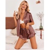 image:imageEkouaer Womens Satin Pajamas Set Button Down 2 Piece Silk Pjs Shorts Set Ruffle Lingerie Notch Collar SleepwearBrown