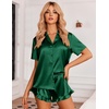 image:imageEkouaer Womens Satin Pajamas Set Button Down 2 Piece Silk Pjs Shorts Set Ruffle Lingerie Notch Collar SleepwearGreen