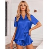 image:imageEkouaer Womens Satin Pajamas Set Button Down 2 Piece Silk Pjs Shorts Set Ruffle Lingerie Notch Collar SleepwearRoyal Blue