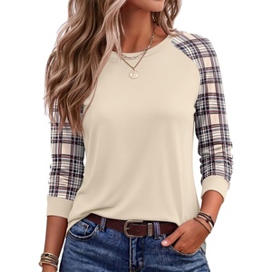image:imageEkoauer Womens Long Sleeve Shirts Raglan Sleeve Thermal Tops Fall Clothes  Casual Color Block Shirt Crew Neck Basic TShirts Work Dressy Tunic Blouse Going Out Tops Fall Teacher Fashion OutfitsBeige Plaid