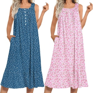 image:imageEkouaer 2 Pack Nightgowns for Women Sleeveless Long Night Gowns Victorian Nightdress with Pockets Soft Ladies GownDog FootprintsFloral Pink