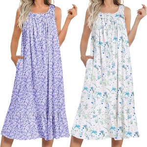 image:imageEkouaer 2 Pack Nightgowns for Women Sleeveless Long Night Gowns Victorian Nightdress with Pockets Soft Ladies GownFloral PurpleLeaf Blue