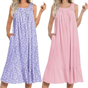 image:imageEkouaer 2 Pack Nightgowns for Women Sleeveless Long Night Gowns Victorian Nightdress with Pockets Soft Ladies GownFloral PurplePink