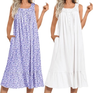 image:imageEkouaer 2 Pack Nightgowns for Women Sleeveless Long Night Gowns Victorian Nightdress with Pockets Soft Ladies GownFloral PurpleWhite