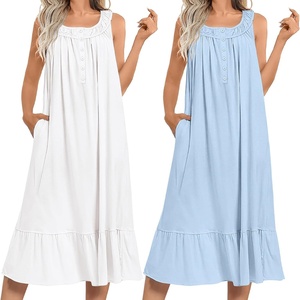 image:imageEkouaer 2 Pack Nightgowns for Women Sleeveless Long Night Gowns Victorian Nightdress with Pockets Soft Ladies GownWhiteLight Blue