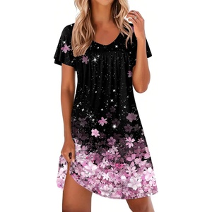 image:imageEkouaer Nightgowns for Women Short Sleeve Sleep Shirts Pleated Night Dress V Neck Night Shirts Soft House DressCherry Blossoms