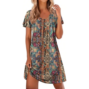image:imageEkouaer Nightgowns for Women Short Sleeve Sleep Shirts Pleated Night Dress V Neck Night Shirts Soft House DressEthnic Floral