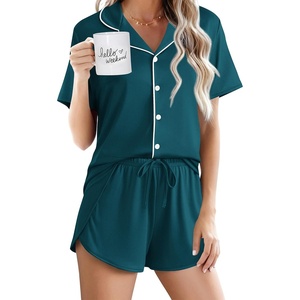 image:imageEkouaer Pajamas for Women Set Button Up Short Sleeve Pjs Lounge Set  Soft Womens LoungewearSide Slit Pj ShortsNotch CollarV Neck2 Piece Sleepwear for SleepLoungeWeddingBridalBlue Green