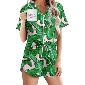 image:imageEkouaer Pajamas for Women Set Button Up Short Sleeve Pjs Lounge Set  Soft Womens LoungewearSide Slit Pj ShortsNotch CollarV Neck2 Piece Sleepwear for SleepLoungeWeddingBridalLeaves