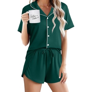 image:imageEkouaer Pajamas for Women Set Button Up Short Sleeve Pjs Lounge Set  Soft Womens LoungewearSide Slit Pj ShortsNotch CollarV Neck2 Piece Sleepwear for SleepLoungeWeddingBridalGreen
