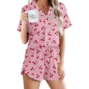 image:imageEkouaer Pajamas for Women Set Button Up Short Sleeve Pjs Lounge Set  Soft Womens LoungewearSide Slit Pj ShortsNotch CollarV Neck2 Piece Sleepwear for SleepLoungeWeddingBridalCherry