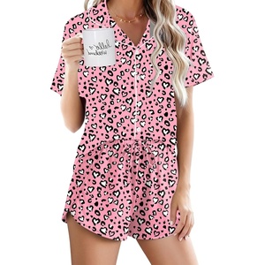 image:imageEkouaer Pajamas for Women Set Button Up Short Sleeve Pjs Lounge Set  Soft Womens LoungewearSide Slit Pj ShortsNotch CollarV Neck2 Piece Sleepwear for SleepLoungeWeddingBridalHeart Leopard Print