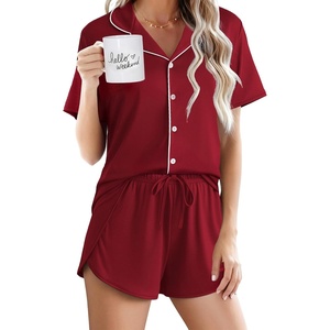 image:imageEkouaer Pajamas for Women Set Button Up Short Sleeve Pjs Lounge Set  Soft Womens LoungewearSide Slit Pj ShortsNotch CollarV Neck2 Piece Sleepwear for SleepLoungeWeddingBridalWine Red
