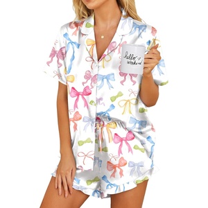 image:imageEkouaer Womens Satin Pajamas Set Button Down 2 Piece Silk Pjs Shorts Set Ruffle Lingerie Notch Collar SleepwearColorful Bow