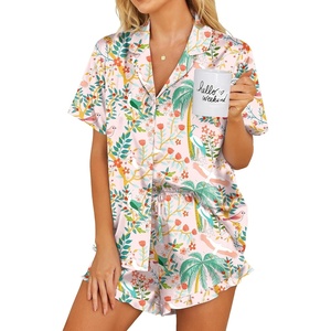 image:imageEkouaer Womens Satin Pajamas Set Button Down 2 Piece Silk Pjs Shorts Set Ruffle Lingerie Notch Collar SleepwearPink Beach