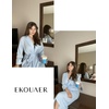 image:imageEkouaer Robes for Women Long Waffle Knit Bathrobe Shawl Collar House Coats  34 Sleeves Midcalf Length Lightweight Soft Casual Comfy Removable Belt SPA Kimono Nightgown with Pockets LoungewearSky BlueSmall Waffle