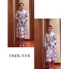 image:imageEkouaer Robes for Women Long Waffle Knit Bathrobe Shawl Collar House Coats  34 Sleeves Midcalf Length Lightweight Soft Casual Comfy Removable Belt SPA Kimono Nightgown with Pockets LoungewearLight Purple FloralSmall Waffle