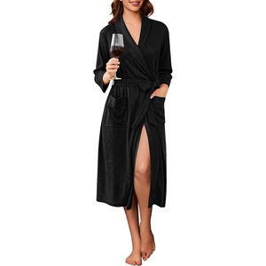 image:imageEkouaer Robes for Women Long Waffle Knit Bathrobe Shawl Collar House Coats  34 Sleeves Midcalf Length Lightweight Soft Casual Comfy Removable Belt SPA Kimono Nightgown with Pockets LoungewearBlackSmall Waffle