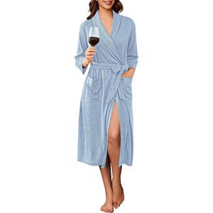 image:imageEkouaer Robes for Women Long Waffle Knit Bathrobe Shawl Collar House Coats  34 Sleeves Midcalf Length Lightweight Soft Casual Comfy Removable Belt SPA Kimono Nightgown with Pockets LoungewearSky BlueSmall Waffle