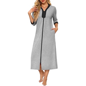 image:imageEkouaer Womens Zipper Robe 34 Sleeves Housecoat Full Length Nightgown  Pockets Long Robe Soft and Lightweight Floral and Stripe PrintLight Gray