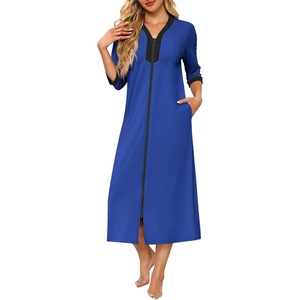 image:imageEkouaer Womens Zipper Robe 34 Sleeves Housecoat Full Length Nightgown  Pockets Long Robe Soft and Lightweight Floral and Stripe PrintRoyal Blue