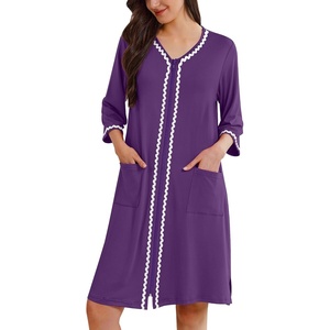image:imageEkouaer Zipper Robes for Women 34 Sleeves House Coat 2026 Zip Up Bathrobe  Lightweight Soft V Neck Comfy Summer Side Split Zipper Front Nightgown with Pockets SleepwearPurple