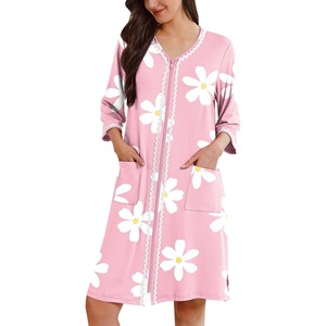 image:imageEkouaer Zipper Robes for Women 34 Sleeves House Coat 2026 Zip Up Bathrobe  Lightweight Soft V Neck Comfy Summer Side Split Zipper Front Nightgown with Pockets SleepwearPink Floral