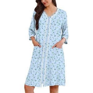 image:imageEkouaer Zipper Robes for Women 34 Sleeves House Coat 2026 Zip Up Bathrobe  Lightweight Soft V Neck Comfy Summer Side Split Zipper Front Nightgown with Pockets SleepwearBlue Floral