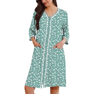 image:imageEkouaer Zipper Robes for Women 34 Sleeves House Coat 2026 Zip Up Bathrobe  Lightweight Soft V Neck Comfy Summer Side Split Zipper Front Nightgown with Pockets SleepwearGreen Floral